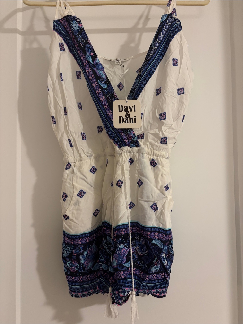 NWT DAVI & DANI White Romper with Blue and Purple Paisley Trim